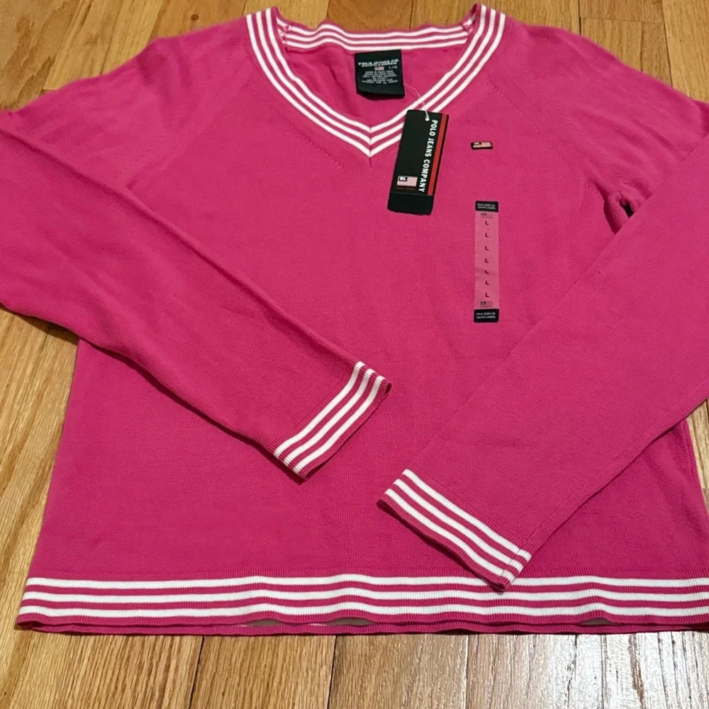 Polo by Ralph Lauren V-Neck Sweater Pink, White Stripes 100% Cotton Tenniscore - Picture 4 of 8